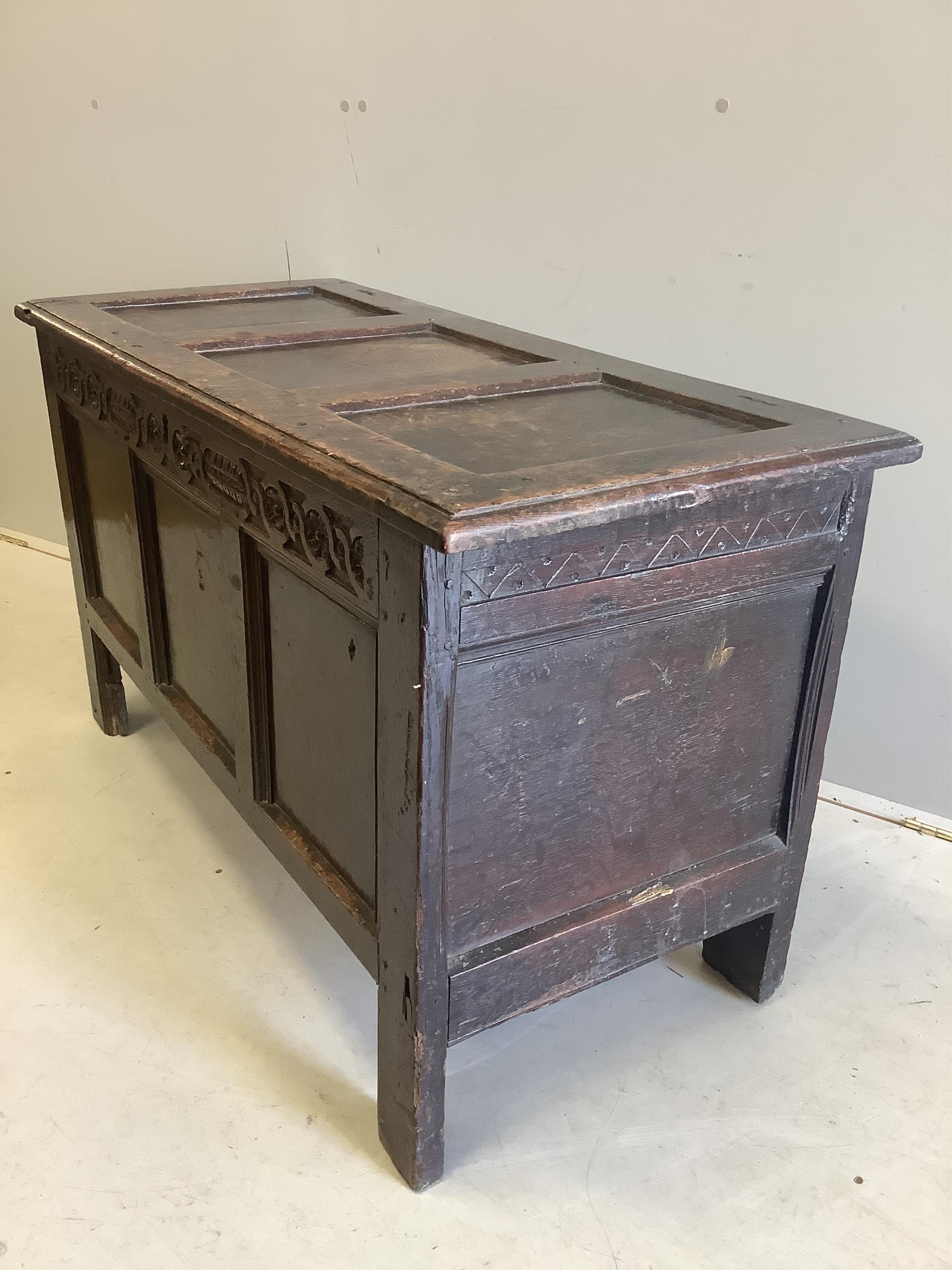 A late 17th century oak coffer three panel top, width 102cm, depth 50cm, height 165cm